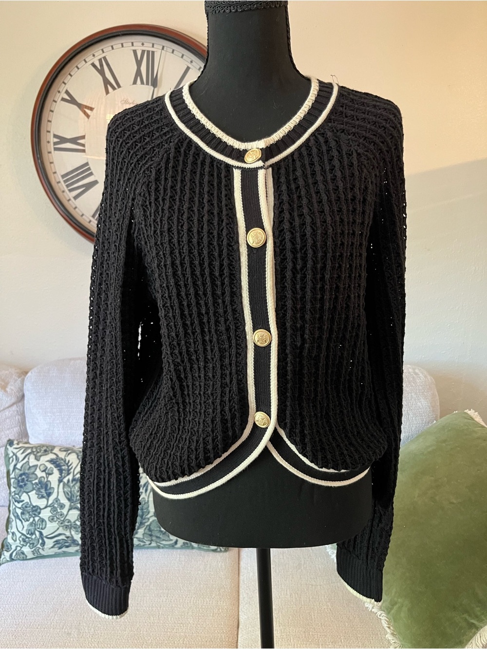 Lucky Brand Black Knit Cardigan with Ivory Trim